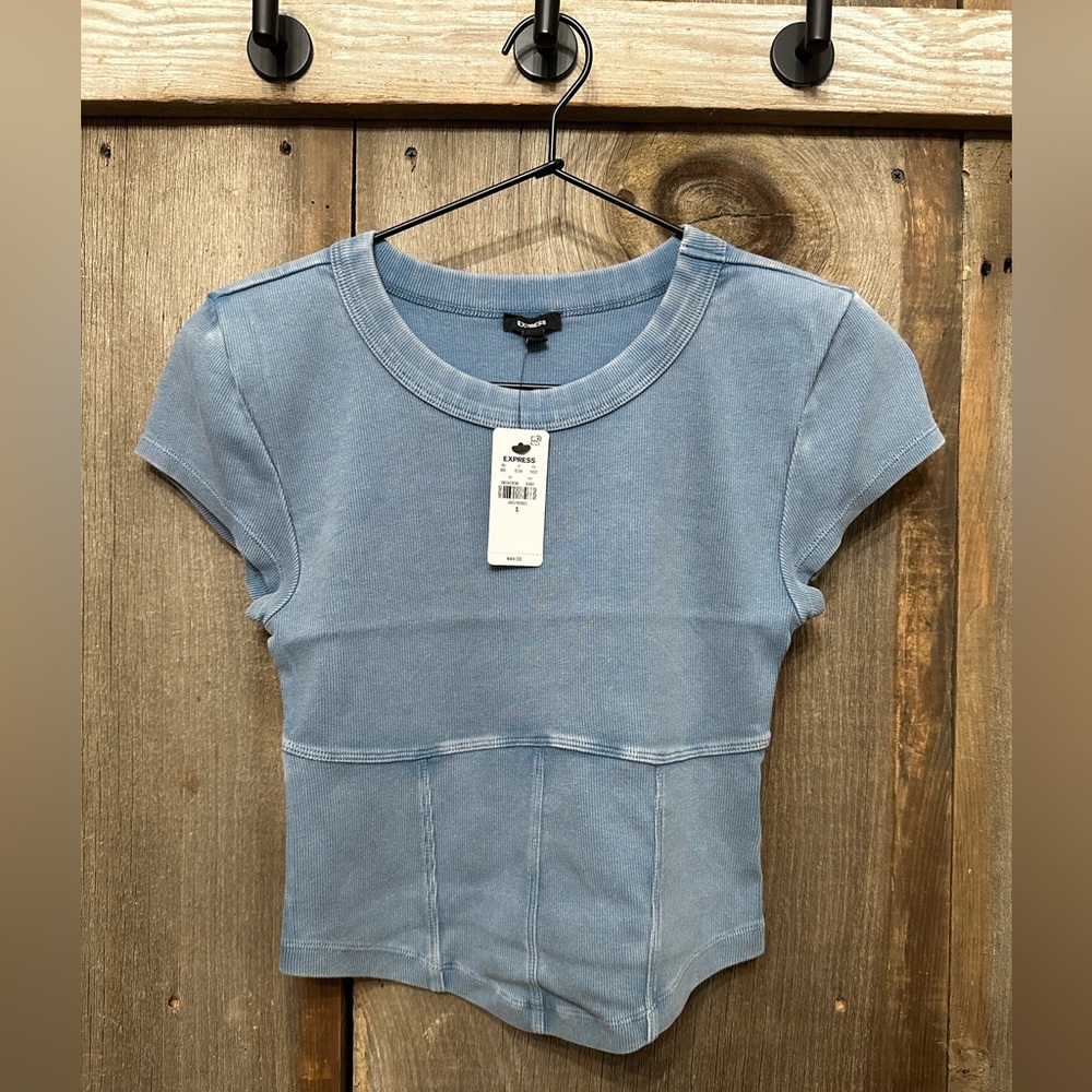Express Fitted Ribbed Crew Neck Corset Baby Tee in Denim Blue Size Small Women’s